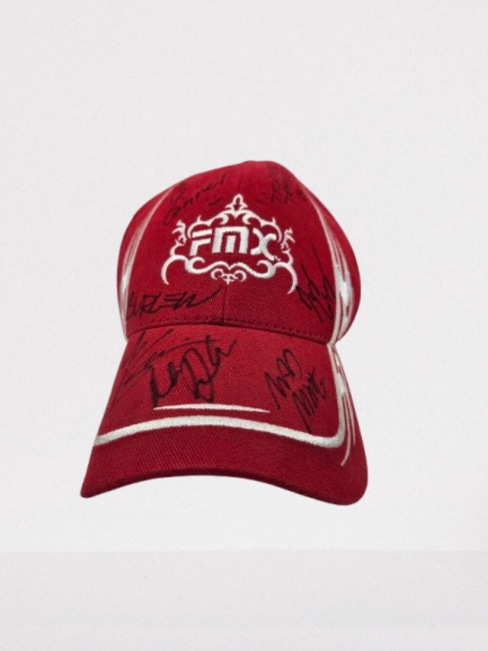 Sprocket Gear Red FMX (Freestyle Motocross) Hat with various FMX signatures